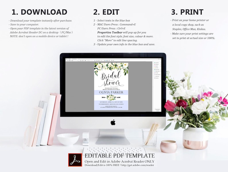 Editable Template Bridal Shower Invitation Floral Bridal Shower Invitation BC-S01 Bridal Shower Invitation