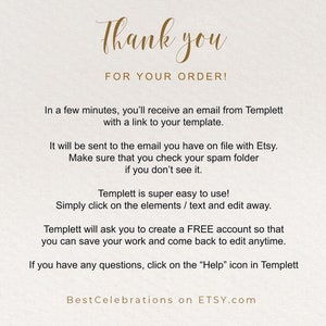 K&ouml;nnte beinhalten: Eine digitale Anleitungskarte mit goldenem Schreibschrifttext Thank you FOR YOUR ORDER! gefolgt von schwarzem Text, der den Templett-Vorlagenprozess erkl&auml;rt, einschlie&szlig;lich E-Mail-Zustellung, Spam-Ordner-Pr&uuml;fung und Hilfe-Symbol.