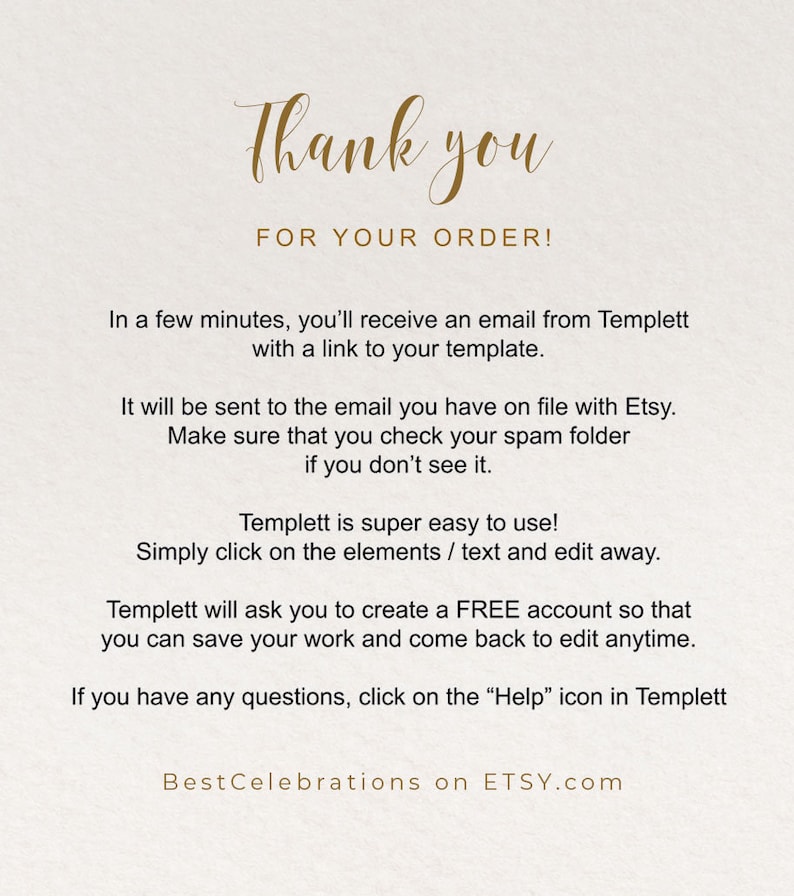 K&ouml;nnte beinhalten: Eine digitale Anleitungskarte mit goldenem Schreibschrifttext Thank you FOR YOUR ORDER! gefolgt von schwarzem Text, der den Templett-Vorlagenprozess erkl&auml;rt, einschlie&szlig;lich E-Mail-Zustellung, Spam-Ordner-Pr&uuml;fung und Hilfe-Symbol.