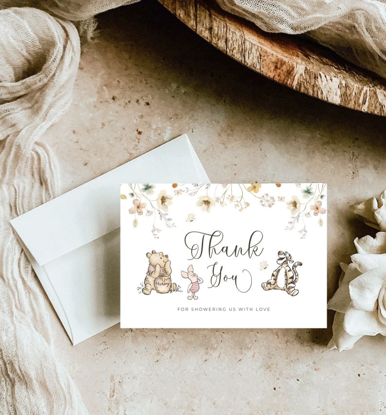 Winnie The Pooh Thank You Card, Gender Neutral Flat Thank You, Winnie Pooh Birthday, Pooh Baby Shower Thank You, Templett, WTPG image 1