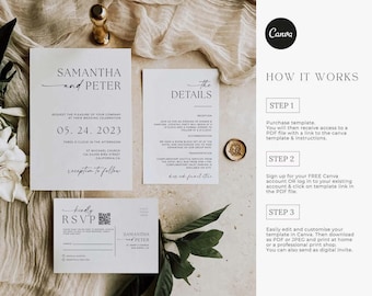 Wedding Invitation Template Set, Trackable QR RSVP Printable
