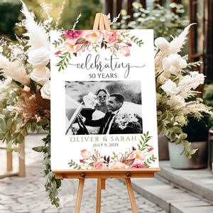 Panneau du 50e anniversaire célébrant ses 50 ans Panneau de bienvenue, photo de mariage, panneau d'affichage d'anniversaire, rose poudré, roses modèles modifiables ASW