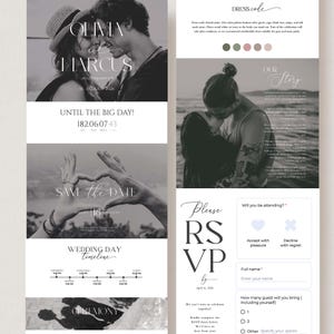 Op de afbeelding: Een zwart-wit trouwuitnodigingssuite met foto's van een stel, tekst en RSVP-details. De uitnodiging bevat de namen "Olivia & Marcus", "Save the Date" en een tijdschema voor de trouwdag. De RSVP-sectie vraagt naar het aantal gasten.