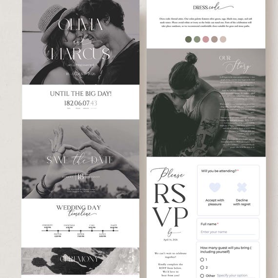 Minimalist Wedding Website Template, Wedding Web Invitation, Trackable RSVP, Countdown Timer, Interactive Map, Editable Canva Template
