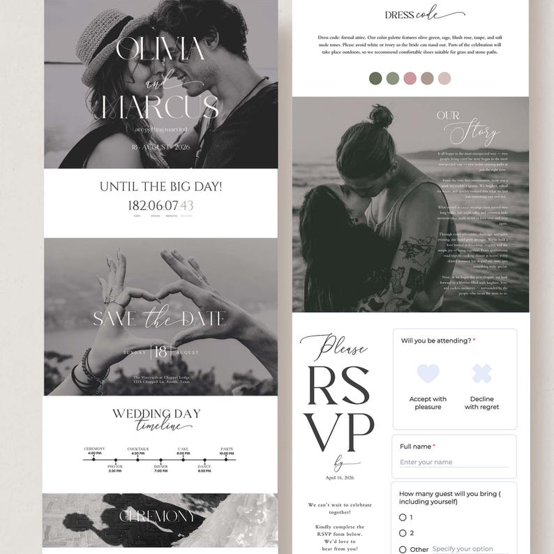 Minimalist Wedding Website Template, Wedding Web Invitation, Trackable RSVP, Countdown Timer, Interactive Map, Editable Canva Template