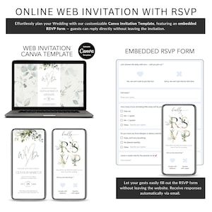Pode incluir: Um modelo de convite de casamento digital com um formul&aacute;rio RSVP incorporado. O design inclui um laptop e dois smartphones exibindo o convite. O texto diz "Online Web Invitation with RSVP" e "Olivia & Marcus".