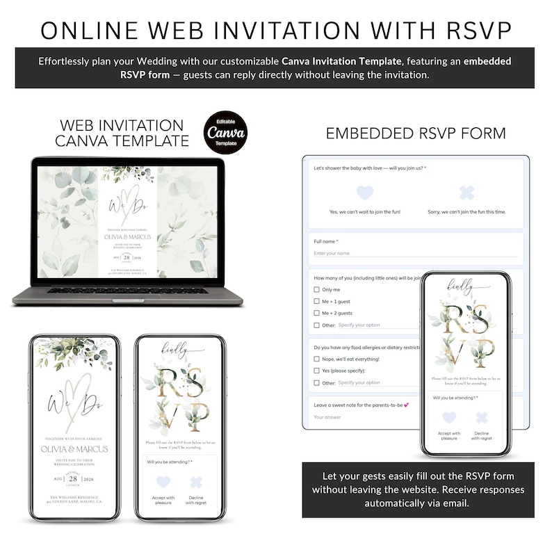 Pode incluir: Um modelo de convite de casamento digital com um formul&aacute;rio RSVP incorporado. O design inclui um laptop e dois smartphones exibindo o convite. O texto diz "Online Web Invitation with RSVP" e "Olivia & Marcus".