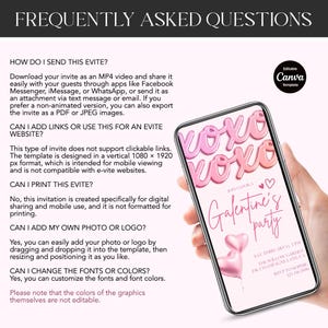 K&ouml;nnte beinhalten: Ein Smartphone zeigt eine Galentine-Party-Einladung mit rosa Ballon-Grafiken und dem Text "xoxo". Die Einladung enth&auml;lt Eventdetails: Datum, Uhrzeit, Ort und RSVP-Informationen. Das Telefon wird in einer Hand gehalten, mit dem Canva-Vorlagenlogo sichtbar.