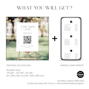 May include: A wedding sign with the text "TAKE YOUR seat" and a QR code, plus a seating chart on a phone. The sign is on an easel. Available sizes are 18"x24", 20"x30", 24"x36", A1 (594 x 841 mm), and A2 (420 x 594 mm).