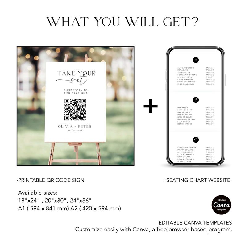 May include: A wedding sign with the text "TAKE YOUR seat" and a QR code, plus a seating chart on a phone. The sign is on an easel. Available sizes are 18"x24", 20"x30", 24"x36", A1 (594 x 841 mm), and A2 (420 x 594 mm).
