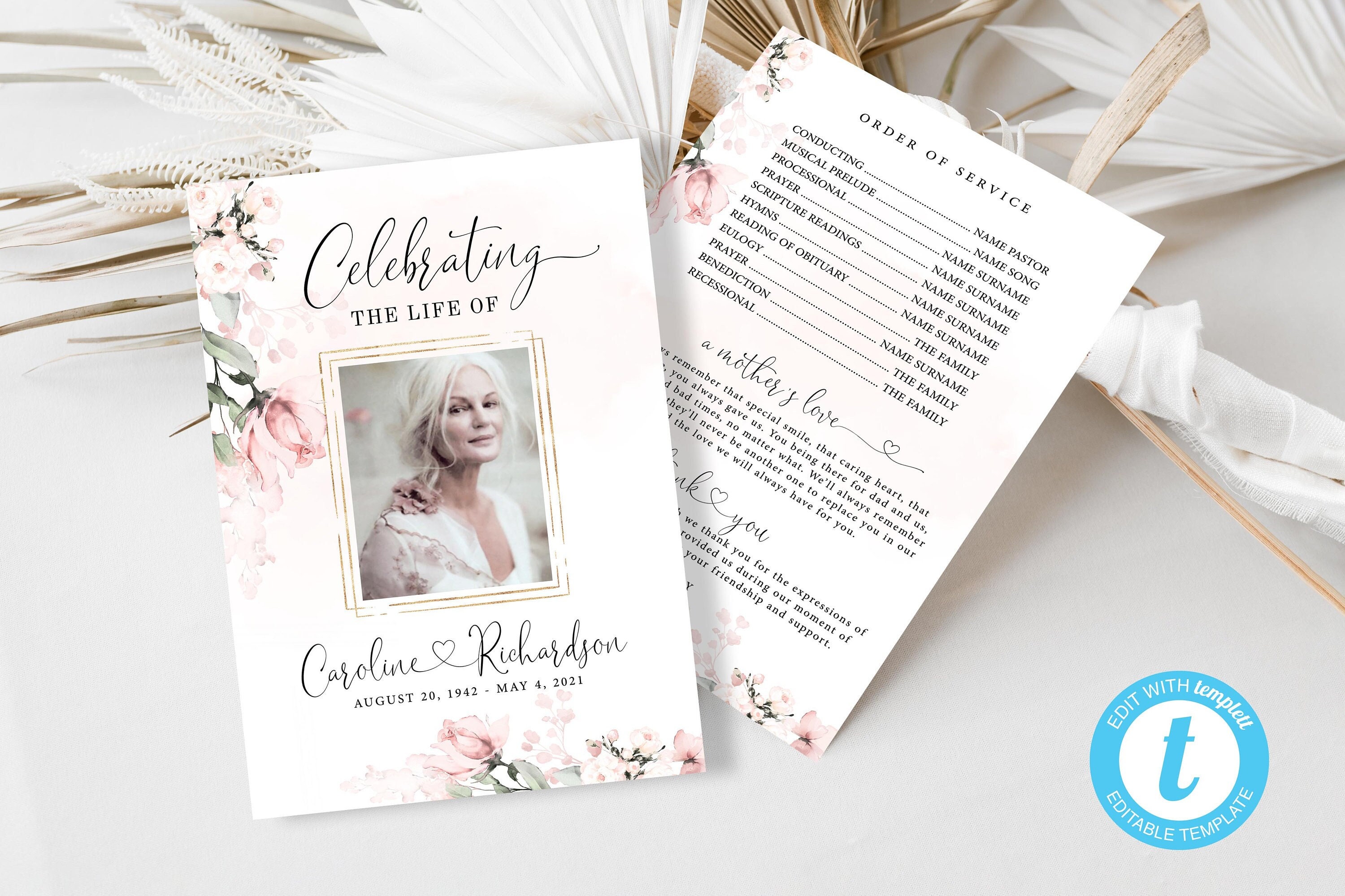 Double Sided Funeral Program Template Floral Memorial Etsy México