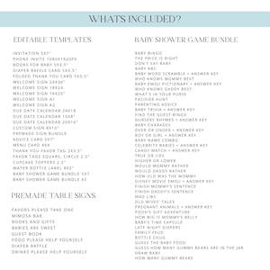May include: A list of baby shower game bundles and editable templates, including invitations, welcome signs, and game cards. The text is in a clean, easy-to-read font, perfect for baby shower planning.