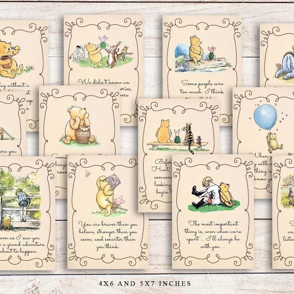 Klassisches Winnie The Pooh Zitat, 12 Zitate Digital Bundle 5 "x7", 4 "x6" Babyparty, Geburtstagsbanner Herzstück, Poster Dekoration, Verkauf wie besehen