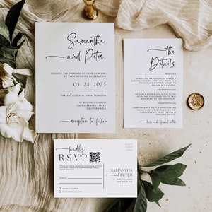 Plantilla de invitación de boda minimalista con código QR (editable)