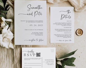 Editable Wedding Invitation with QR Code, Minimal Wedding Invite Suite, Modern Invite, Simple Black White Invite Template, #MM2