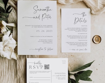 Minimalist Wedding Invitation Suite with QR Code (Editable Template)