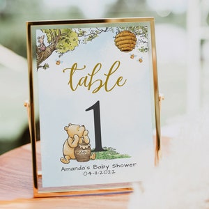 Modello di numero di tavolo WinnieThe Pooh, modello modificabile al 100%, numeri di tavolo per baby shower stampabili, numeri di tavolo per dessert #BWP