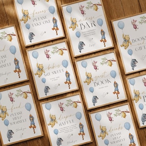 May include: A collection of framed signs with Winnie the Pooh characters. Each sign features illustrations of Pooh, Piglet, Eeyore, and Tigger with balloons. Text on the signs includes "Favors", "Mimosa Bar", "Babies are Sweet", "Guest Book", "Food", "Diaper Raffle", and "Drinks".