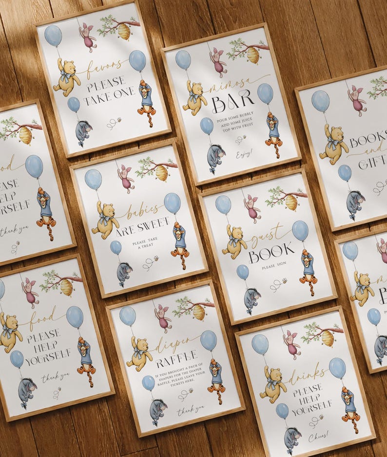 May include: A collection of framed signs with Winnie the Pooh characters. Each sign features illustrations of Pooh, Piglet, Eeyore, and Tigger with balloons. Text on the signs includes "Favors", "Mimosa Bar", "Babies are Sweet", "Guest Book", "Food", "Diaper Raffle", and "Drinks".