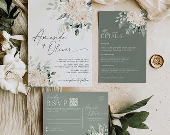 May include: A wedding invitation suite featuring a main card, a details card, and an RSVP card. The cards are decorated with soft peach floral illustrations and sage green foliage. The text includes names Amanda and Oliver and event details.