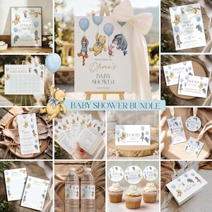 Peut inclure: Un ensemble pour une baby shower avec des personnages de Winnie l'Ourson et des ballons bleus. Comprend des invitations, des étiquettes de remerciement, des décorations de cupcakes, des étiquettes de bouteilles d'eau et une pancarte.