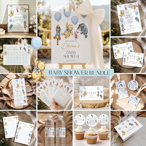 Winnie-the-Pooh Baby Shower Bundle, Blue Balloon Classic Pooh Shower Canva Template, Instant Download
