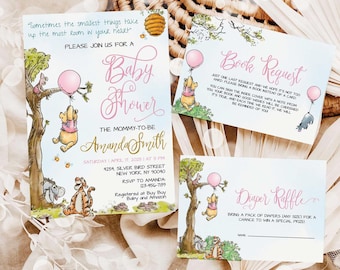 May include: A set of three printed cards for a baby shower, including an invitation, a book request card, and a diaper raffle card. The cards feature illustrations of Winnie the Pooh characters, pink balloons, and honeycombs with text in pink and black.