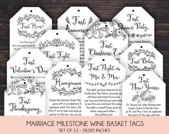 Marriage Milestone Wine Basket Tags - A year of first - Wine Gift Basket Tags - Bridal Shower Gift - Wedding Gift - Rustic Wine Label
