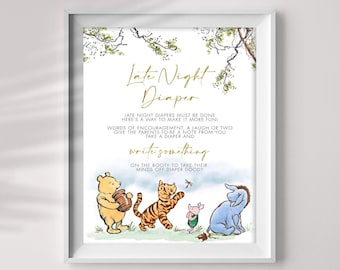 May include: A framed sign featuring Winnie the Pooh characters and the text Late Night Diaper. The sign includes instructions to write notes on diapers for parents, decorated with watercolor illustrations of Pooh, Tigger, Piglet, and Eeyore.