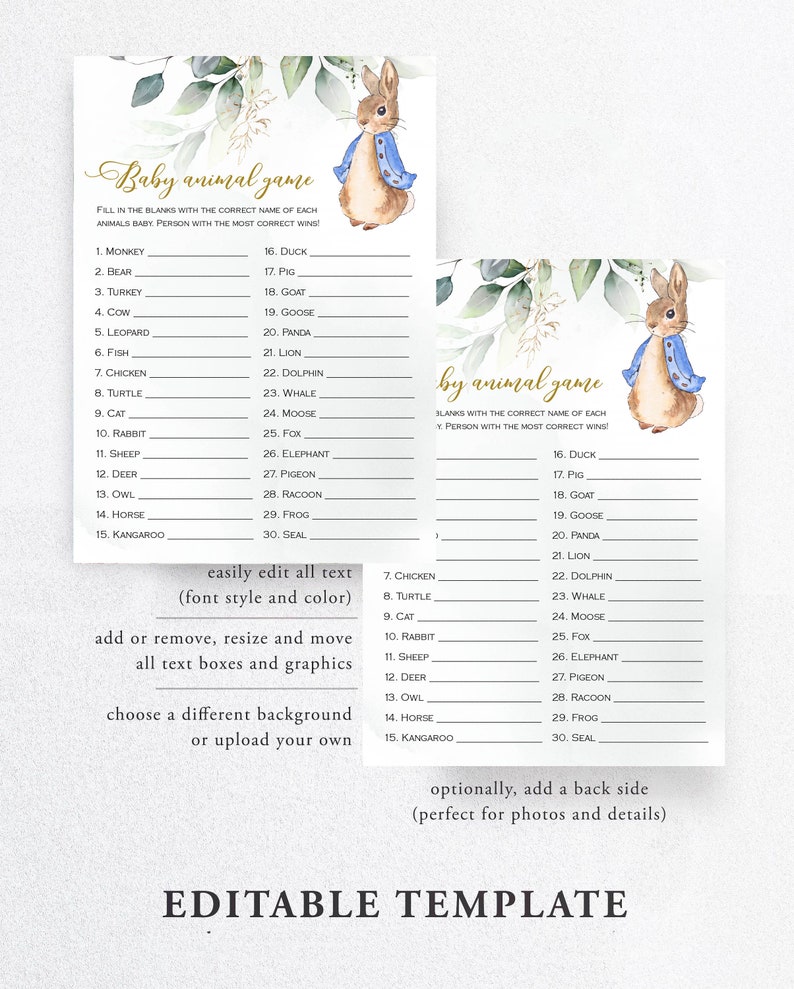 Peter Rabbit Baby Shower Game Baby Animal Game Baby Shower Etsy