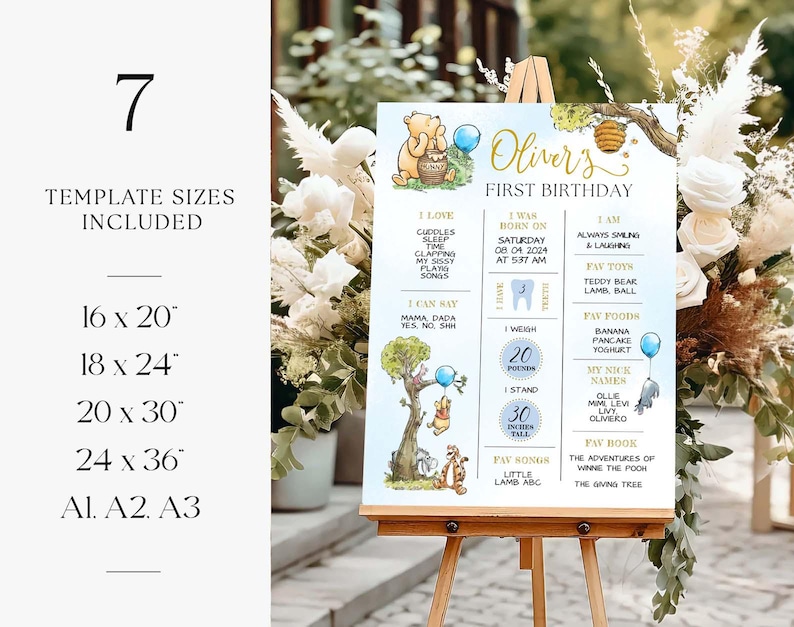 May include: A blue and white printable first birthday sign featuring Winnie the Pooh characters. The sign includes the child's name, Oliver, and details about their first year, including their birthdate, weight, and favorite foods and books.