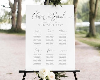 AMORA - Modèle de tableau de sièges de mariage, Coeur & Swashes, Plan de sièges imprimable, 100% modifiable, Signe de mariage de calligraphie moderne, Minimaliste