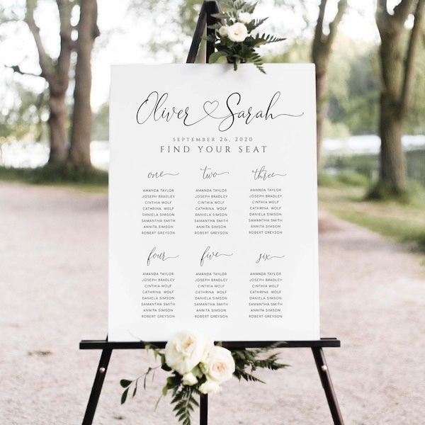 AMORA - Wedding Seating Chart Template, Heart & Swashes, Printable Seating Plan, 100% Editable, Modern Calligraphy Wedding Sign, Minimalist