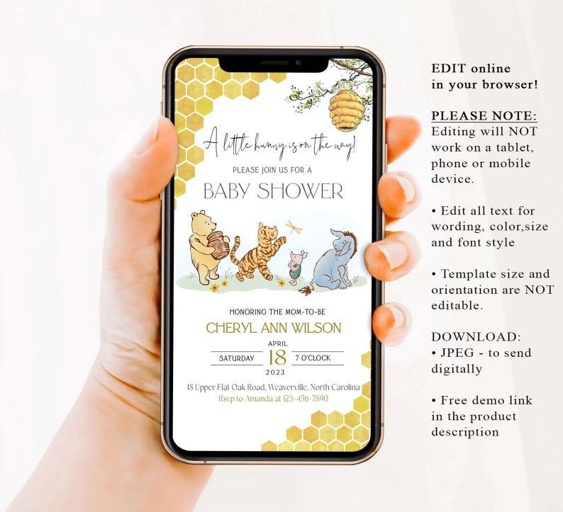Classic Winnie Pooh Baby Shower Evite Winnie the Pooh Smart Etsy