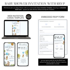 Winnie Baby Shower Boy Invite with Trackable RSVP Page, Winnie the Pooh Balloon Bear Digital Web Invitation, Editable Canva Template