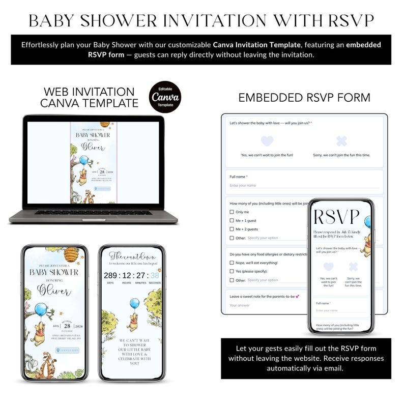 Winnie Baby Shower Boy Invite with Trackable RSVP Page, Winnie the Pooh Balloon Bear Digital Web Invitation, Editable Canva Template