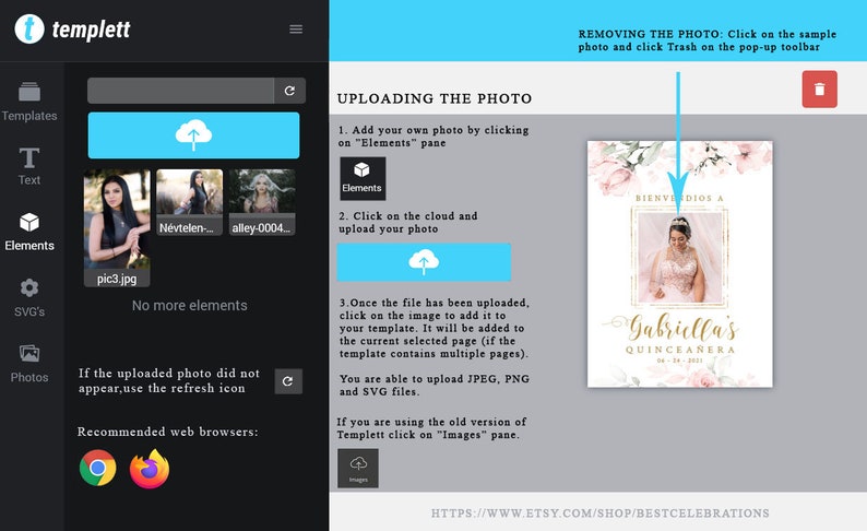 May include: A screenshot of a computer screen showing a website for creating digital invitations. The website has a light gray background and a dark gray sidebar. The sidebar has icons for templates, text, elements, SVGs, and photos. The main part of the screen shows a template for a Quincea&ntilde;era invitation with a pink floral design and a photo of a young woman in a white dress. The text "Bienvenidos a Gabriella's Quincea&ntilde;era" is displayed on the invitation. The website also has instructions for uploading and removing photos.