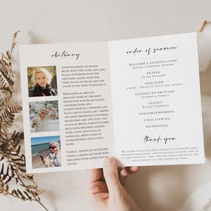 May include: A white and black funeral program with a photo collage of the deceased. The program includes an obituary and order of service. The text includes the words "obituary", "order of service", "welcome & introduction", "prayer", "selection", "reading of obituary", "eulogy", "acknowledgement", "final viewing", "recessional", and "thank you".