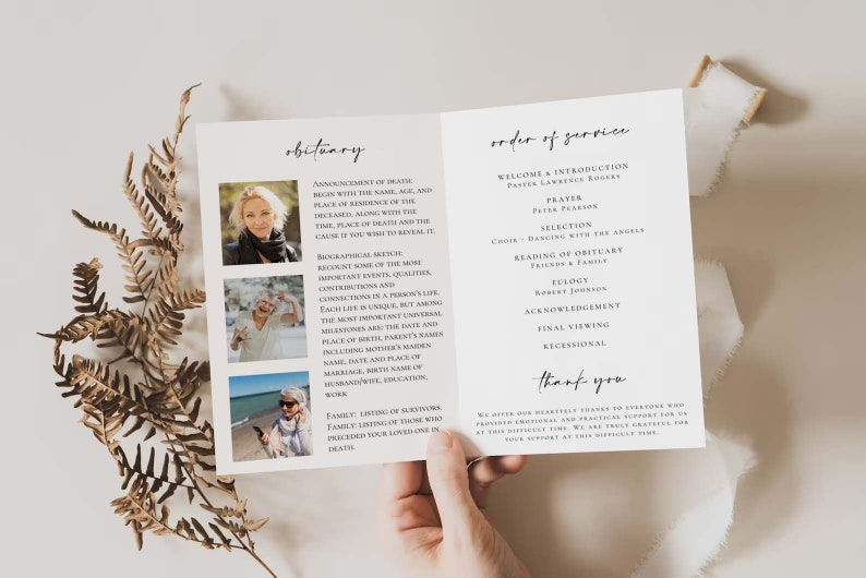 May include: A white and black funeral program with a photo collage of the deceased. The program includes an obituary and order of service. The text includes the words "obituary", "order of service", "welcome & introduction", "prayer", "selection", "reading of obituary", "eulogy", "acknowledgement", "final viewing", "recessional", and "thank you".