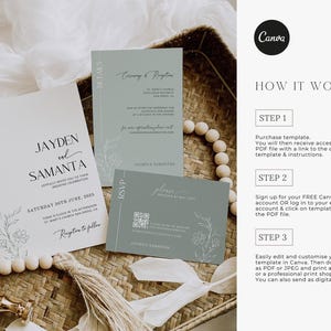 May include: A wedding invitation suite with a minimalist design. The invitation card is white with black text and a simple floral illustration. The RSVP card is light blue with a QR code and a floral illustration. The text on the invitation card reads "Jayden and Samantha" and "Saturday 30th June, 2025".
