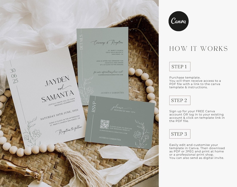 May include: A wedding invitation suite with a minimalist design. The invitation card is white with black text and a simple floral illustration. The RSVP card is light blue with a QR code and a floral illustration. The text on the invitation card reads "Jayden and Samantha" and "Saturday 30th June, 2025".