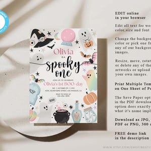 K&ouml;nnte beinhalten: Eine rechteckige Einladungskarte mit pastellfarbenen Halloween-Grafiken wie Geistern, einem K&uuml;rbis, einem Hexenhut, einer Kristallkugel und einem Kessel. Der Text lautet Olivia is a spooky one, join us to celebrate Olivia's 1st BOO-day, October 29.