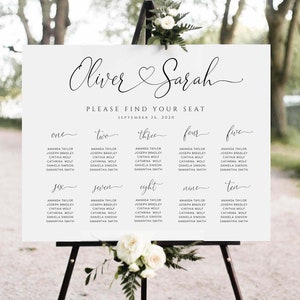 AMORA - Sitzplan Vorlage für Hochzeiten, Herz & Swashes, Sitzplan zum Selbstdrucken, 100% bearbeitbar, modernes Kalligraphie-Hochzeitsschild, minimalistisch