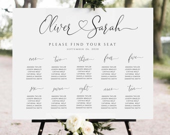 AMORA - Wedding Seating Chart Template, Heart & Swashes, Printable Seating Plan, 100% Editable, Modern Calligraphy Wedding Sign, Minimalist