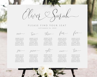 AMORA - Wedding Seating Chart Template, Heart & Swashes, Printable Seating Plan, 100% Editable, Modern Calligraphy Wedding Sign, Minimalist