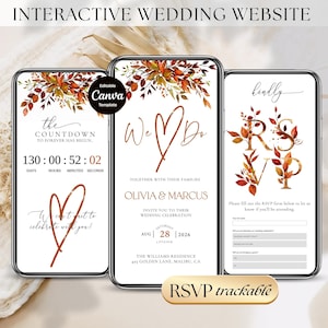 以下が含まれることがあります： 秋の葉のイラストが描かれたインタラクティブな結婚式ウェブサイトテンプレートを表示する3台のスマートフォン。画面にはカウントダウン、2026年8月28日のオリビアとマーカスの結婚式の詳細、および銅色のテキストを使用したRSVPフォームが表示されています。