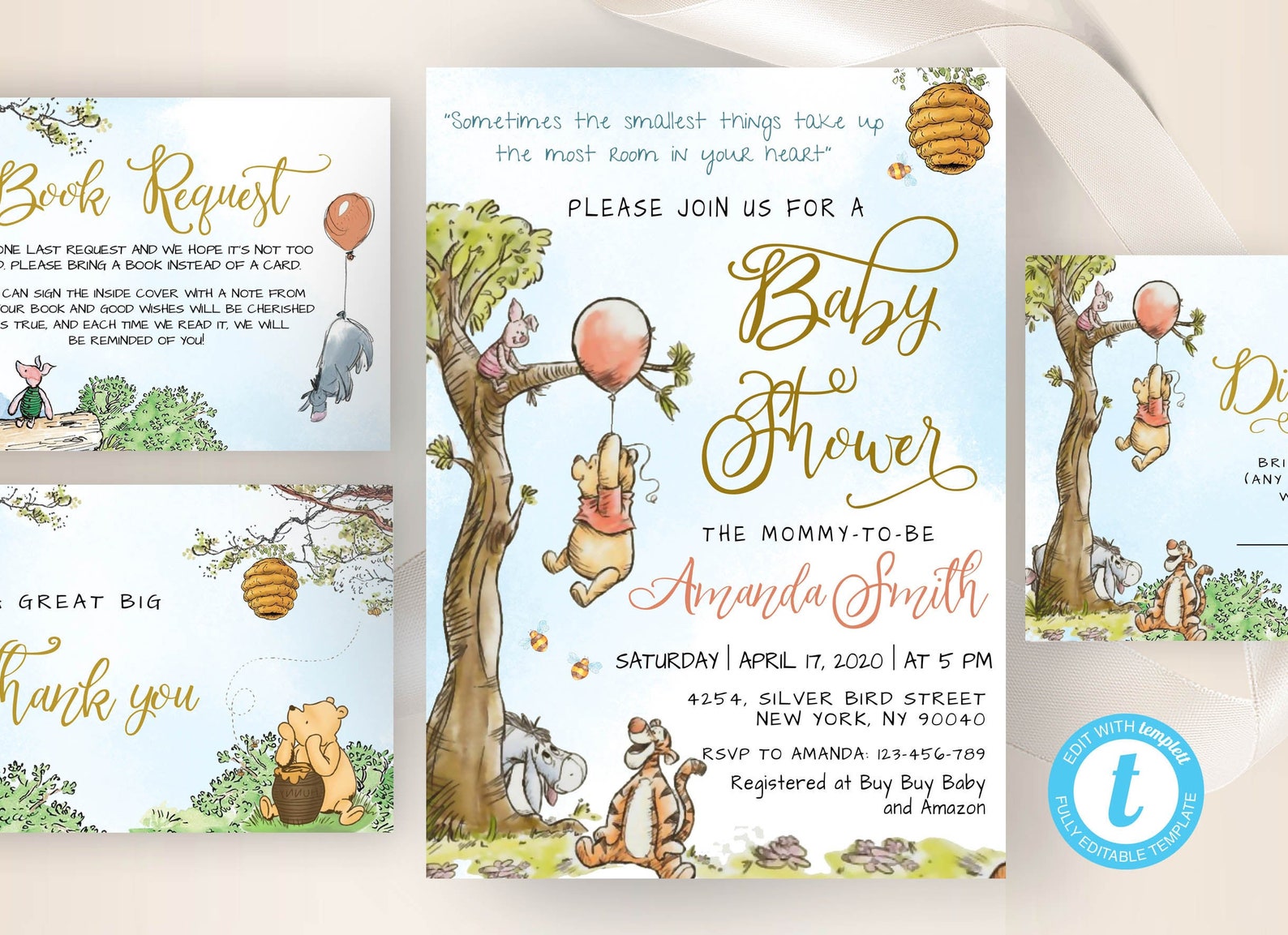 Classic Winnie the Pooh Baby Shower Invitation Editable Thank Etsy