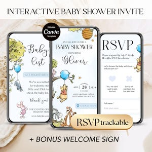 Winnie Baby Shower Boy Invite with Trackable RSVP Page, Winnie the Pooh Balloon Bear Digital Web Invitation, Editable Canva Template image 1
