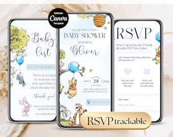 Winnie Baby Shower Boy Invite with Trackable RSVP Page, Winnie the Pooh Balloon Bear Digital Web Invitation, Editable Canva Template