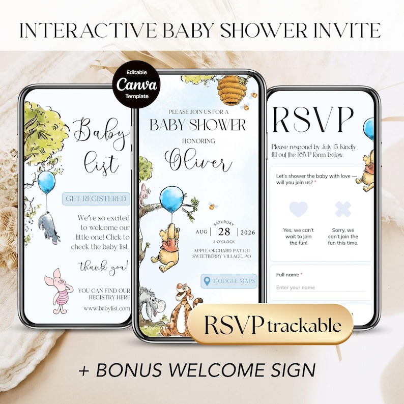 Winnie Baby Shower Boy Invite with Trackable RSVP Page, Winnie the Pooh Balloon Bear Digital Web Invitation, Editable Canva Template image 1